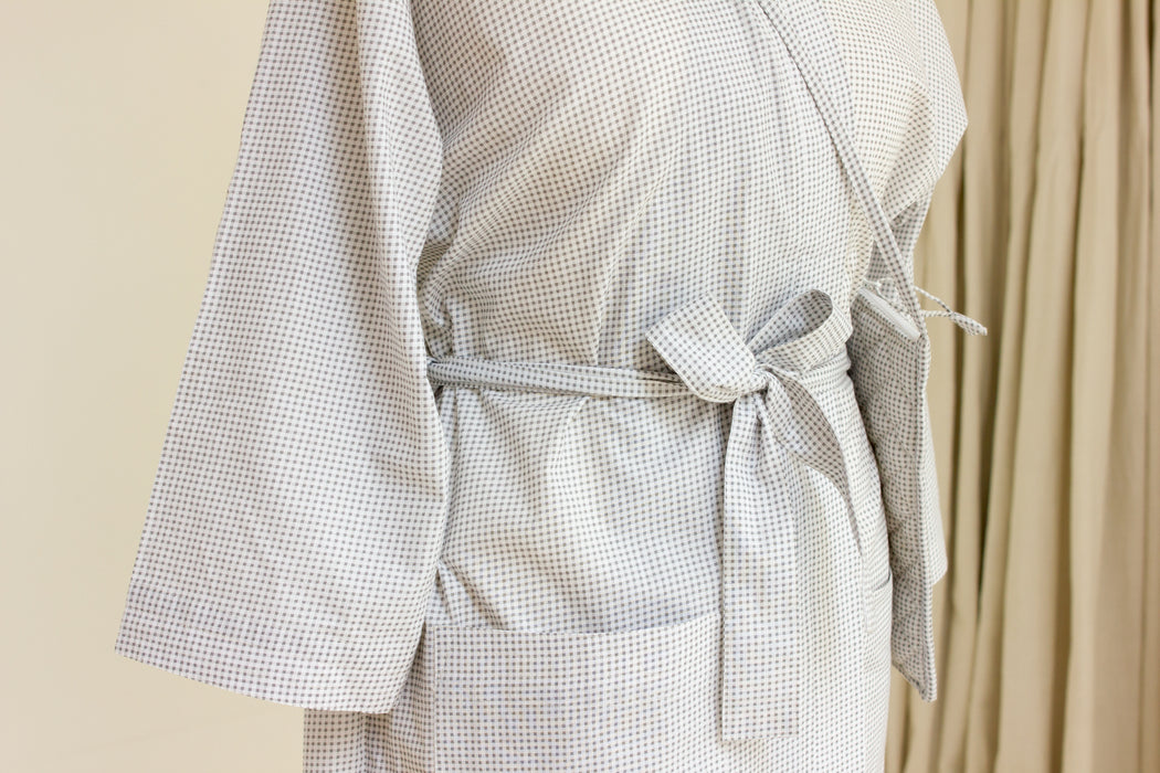 Grey Gingham Cotton Kimono Robe and Wash Bag