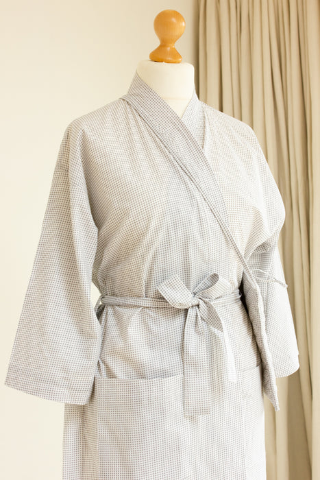 Grey Gingham Cotton Kimono Robe and Wash Bag