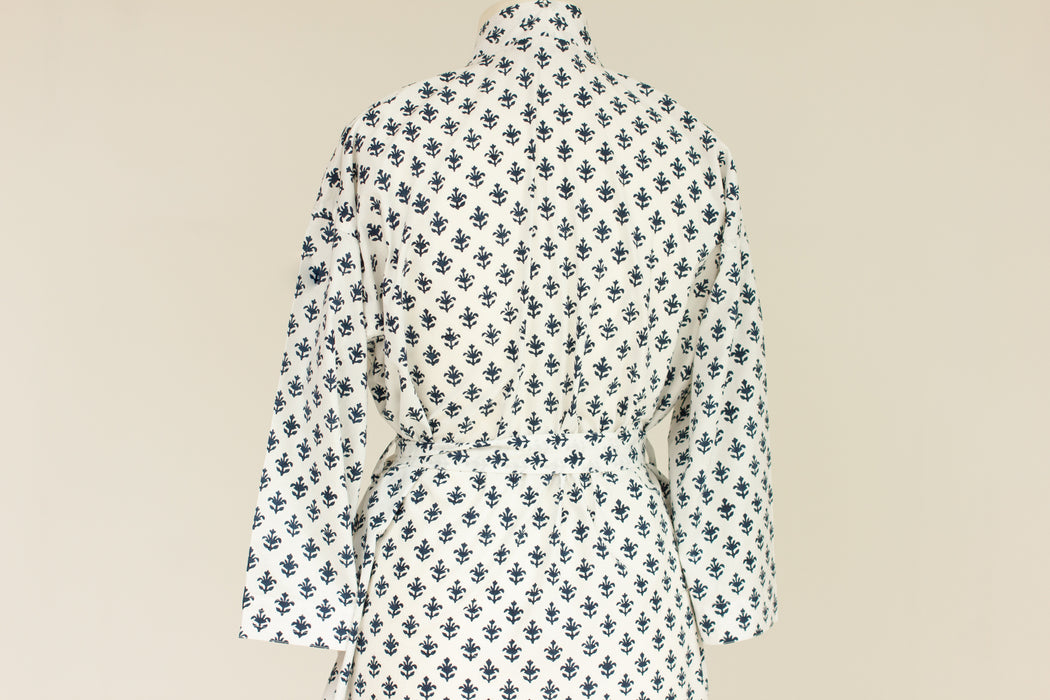 Navy Motif Cotton Kimono Robe and Wash Bag