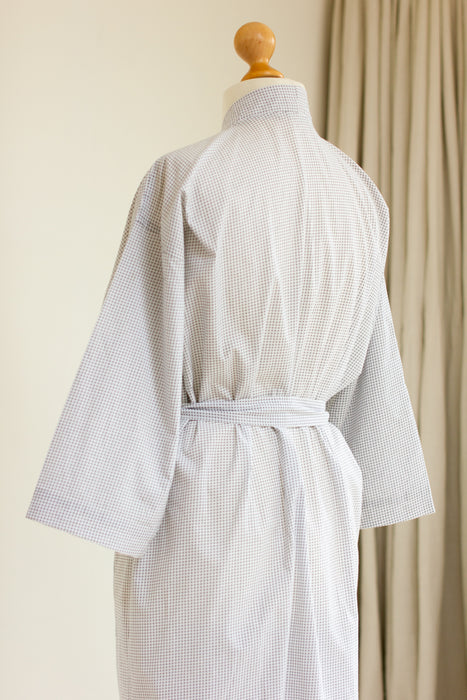 Grey Gingham Cotton Kimono Robe and Wash Bag