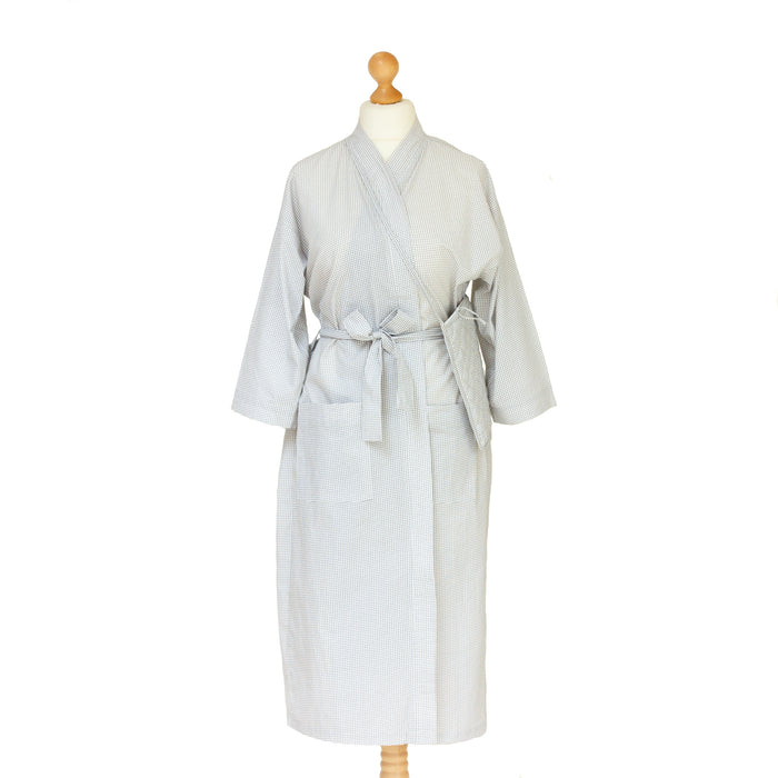 Grey Gingham Cotton Kimono Robe and Wash Bag