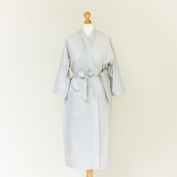 Grey Gingham Cotton Kimono Robe and Wash Bag
