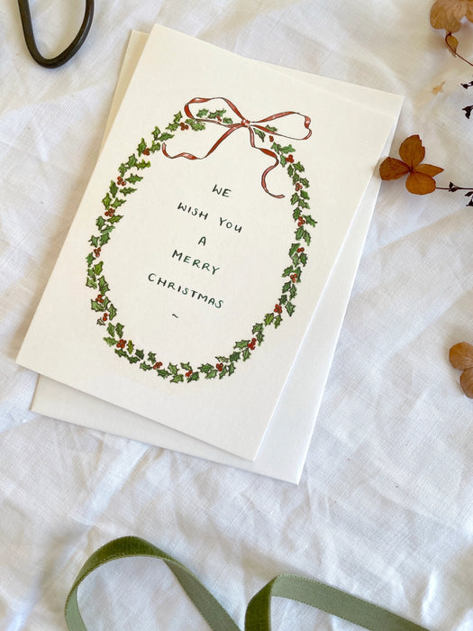 Holly Wreath Botanical Illustration Christmas Greeting Card
