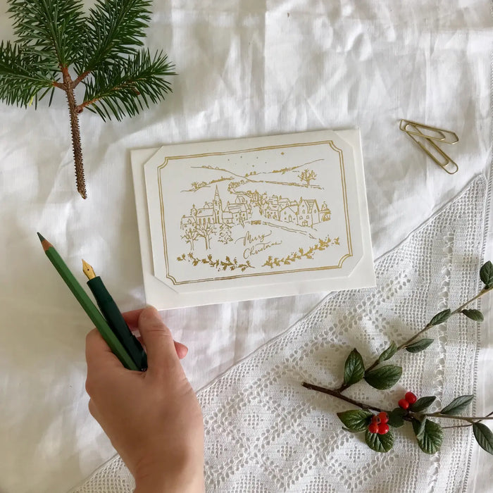 Traditional Country Village Gold Christmas Greeting Card