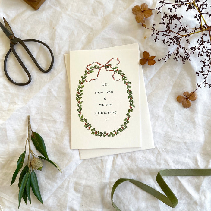 Holly Wreath Botanical Illustration Christmas Greeting Card