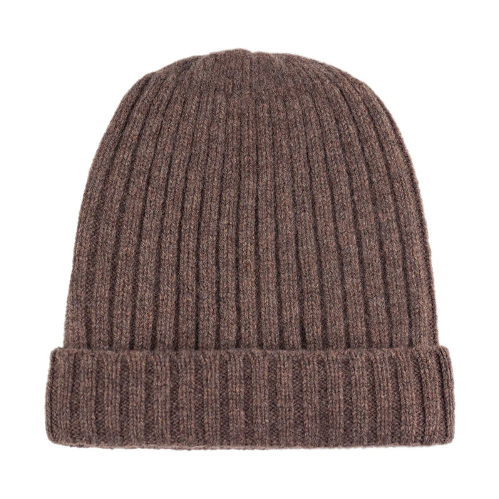 100% Lambswool Ribbed Beanie in Tobacco