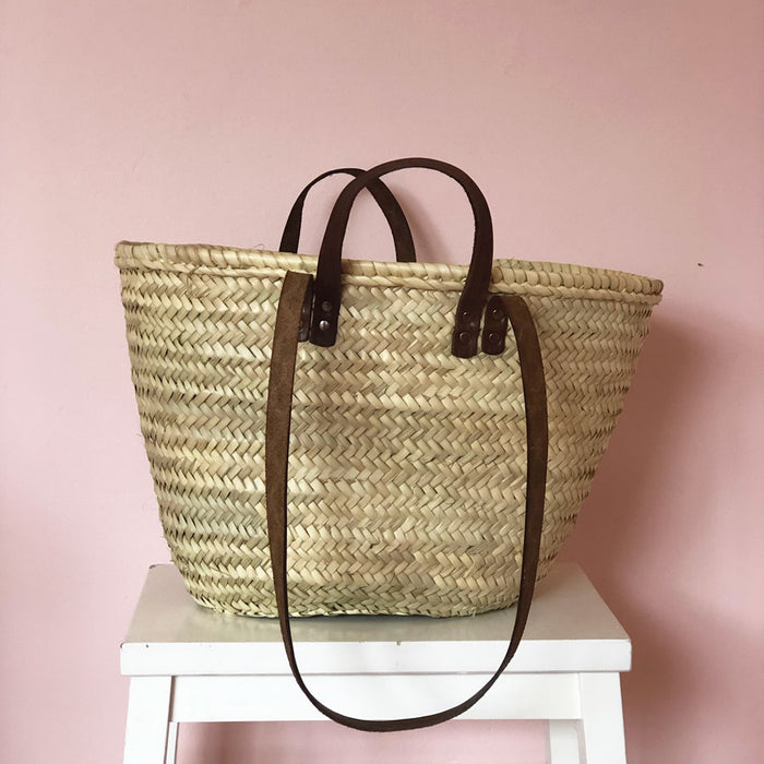 Esther Hand Woven Basket with Leather Handles in Midi