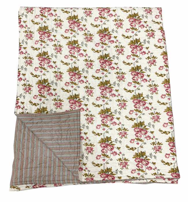 English Rose & Cloud Ticking Hand Stitched Patchwork Quilt